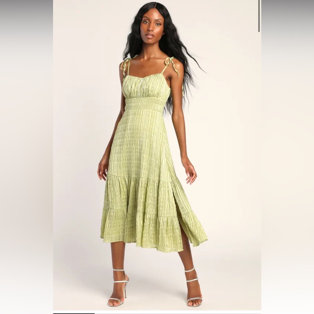 Lulus Sparkling Scene Green Metallic Striped Tie-strap Midi Dress - Size S